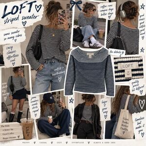 LOFT Navy Striped Sweater M 💙 Coastal Preppy Breton Knit